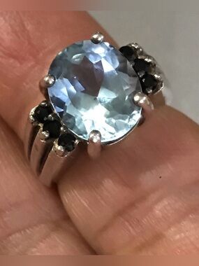 Vintage Silver Blue Topaz Ring with Black Accents